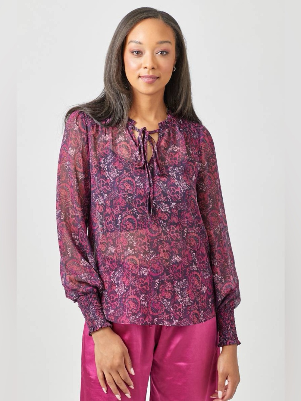 Mystree – Smocked Lurex Chiffon Blouse with Tie Neck & Bubble Sleeves, Small